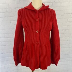 Talbots Wool Red Ribbed Knit Peplum Cardigan Sweater XS Collared Button Up